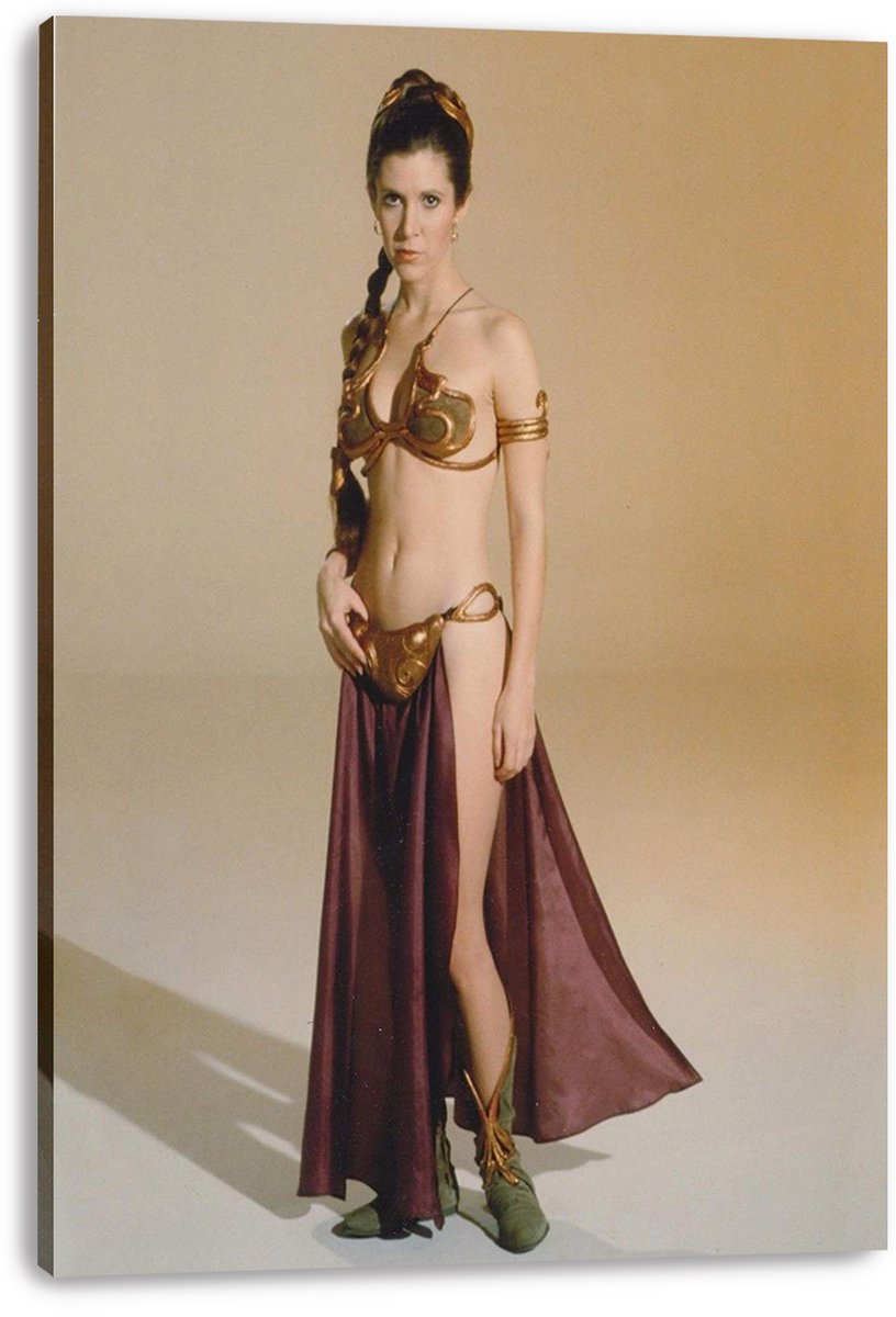Princess Leia canvas wall art print features her full-length portrait in gold armor, burgundy drapery, and green boots.
