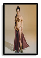 Princess Leia framed wall art print presents a full-length portrait in gold armor and burgundy drapery within a black frame.