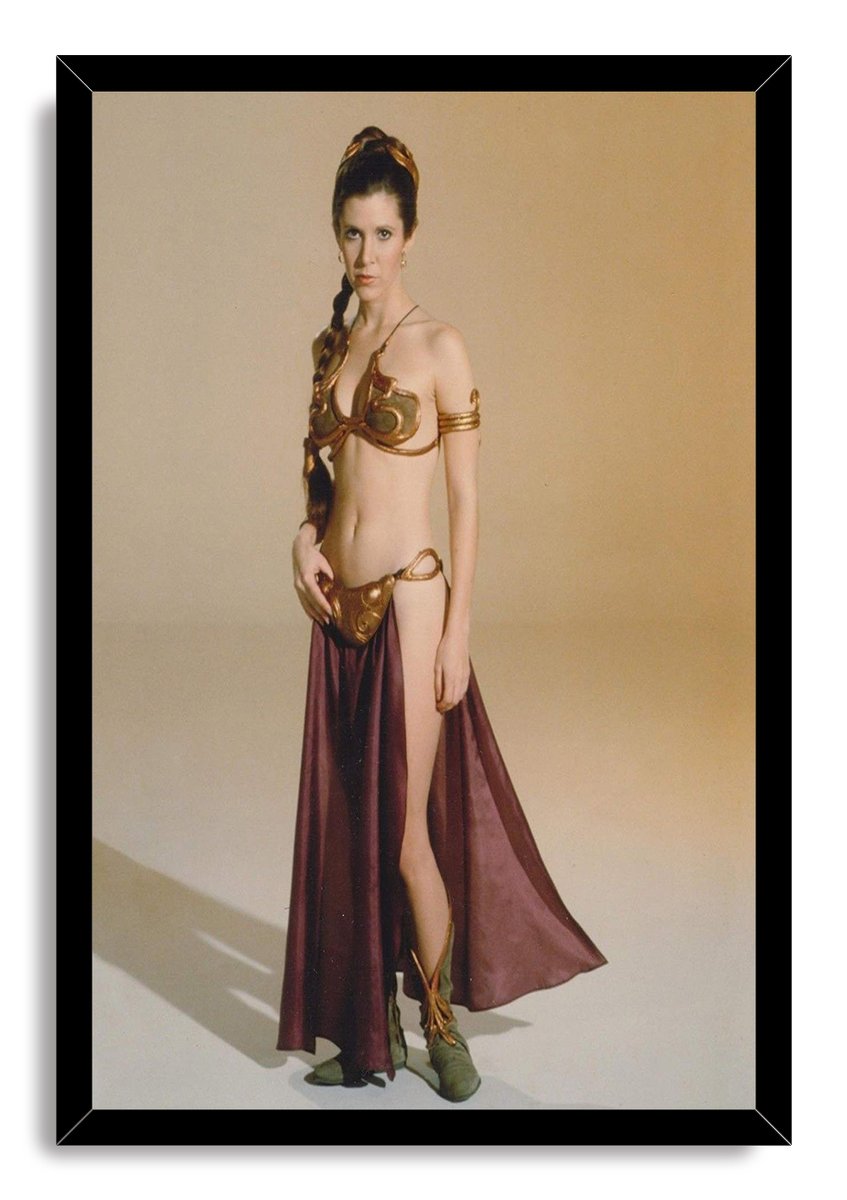 Princess Leia framed wall art print presents a full-length portrait in gold armor and burgundy drapery within a black frame.