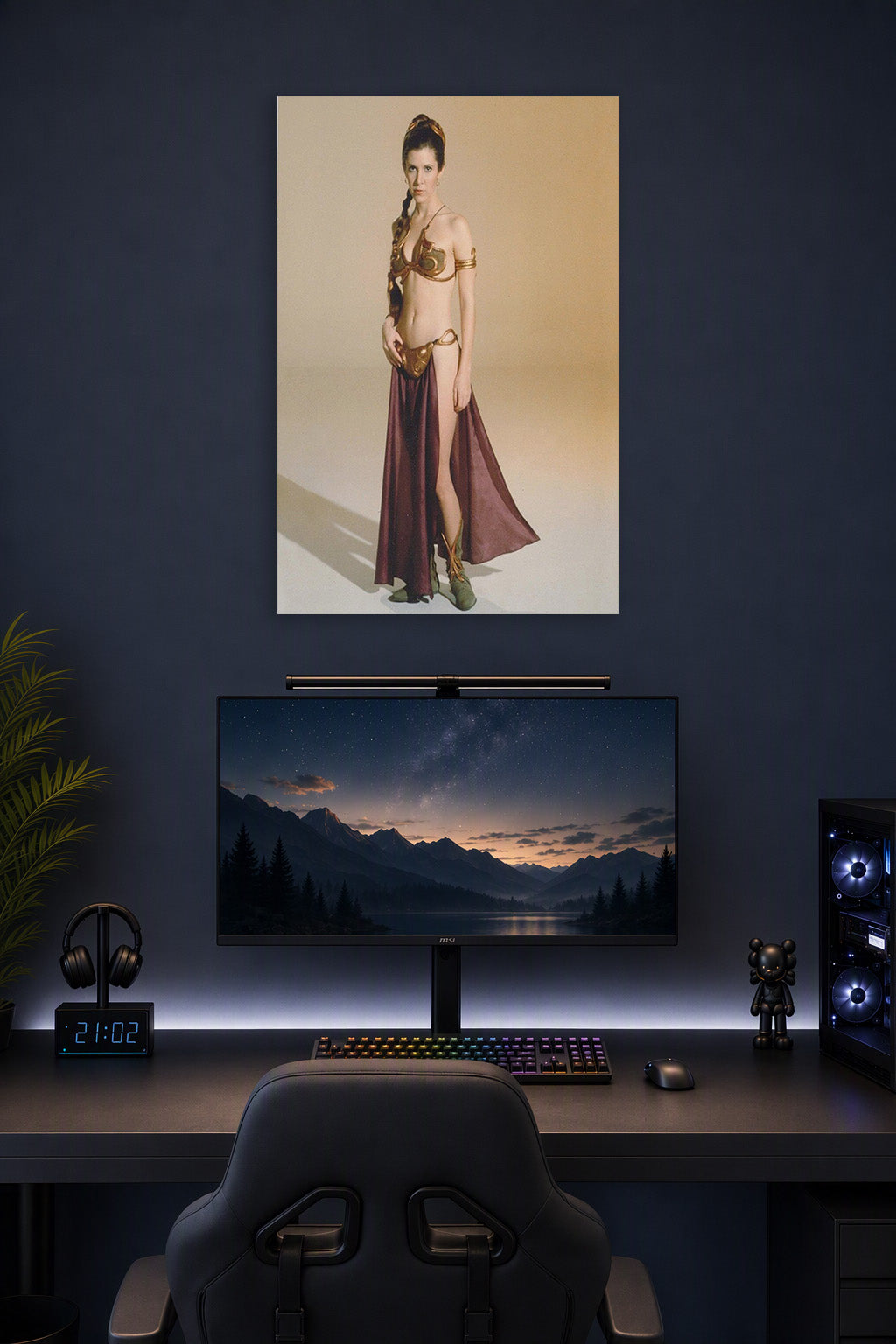 Princess Leia in a gaming desk setup above a monitor.