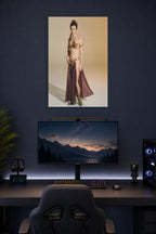 Princess Leia in a gaming desk setup above a monitor.