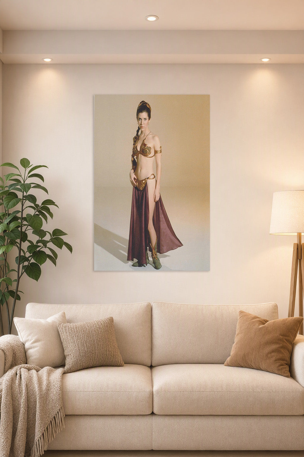 Princess Leia in a bright living room above a beige sofa.