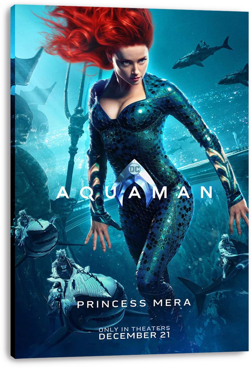 Princess Mera Aquaman canvas wall art print displays the red-haired heroine underwater in a teal scaled suit with sharks and rays.