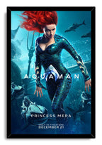 Princess Mera Aquaman framed wall art print presents the teal-suited heroine underwater, surrounded by sharks, rays, and armored riders.