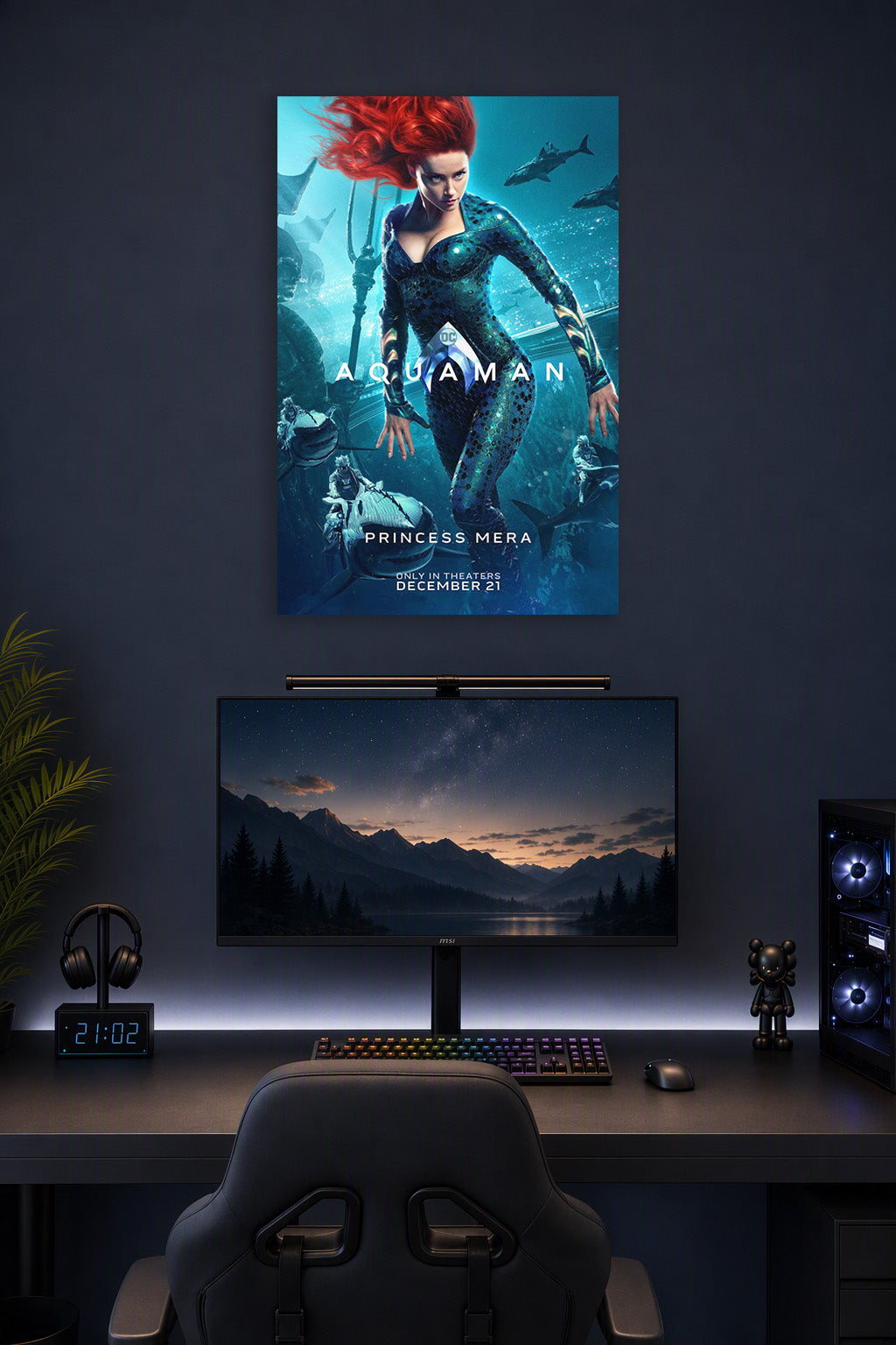 Princess Mera Aquaman Movie in a gaming desk setup above a monitor.
