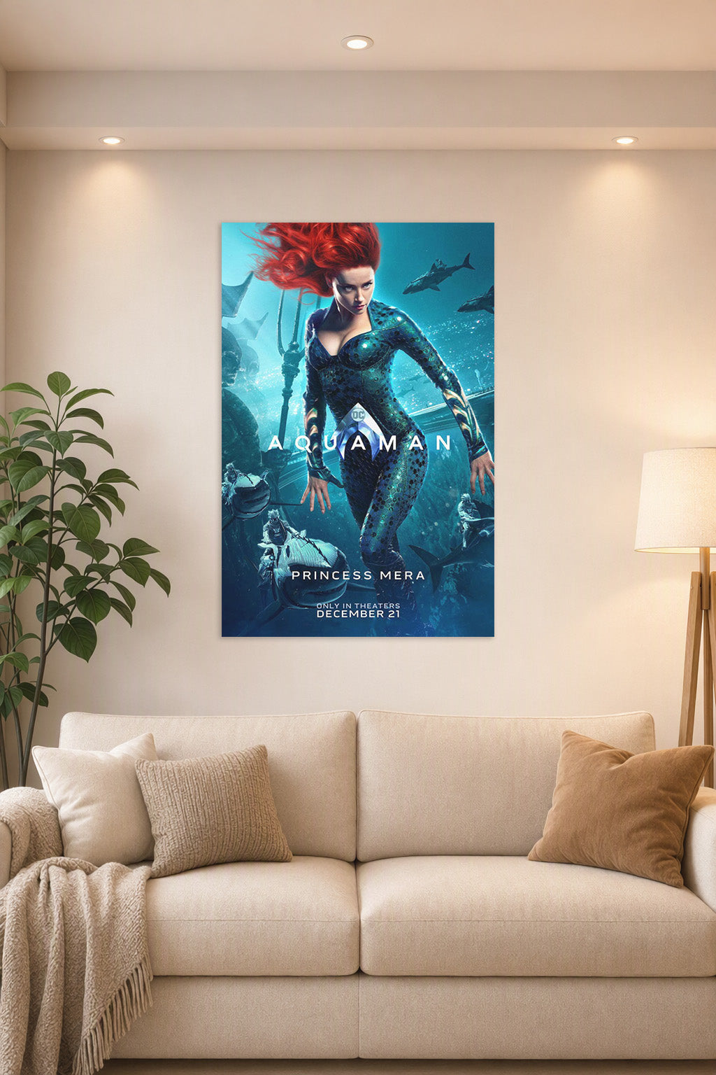 Princess Mera Aquaman Movie in a bright living room above a beige sofa.
