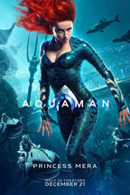 Princess Mera Aquaman poster features the red-haired heroine in a teal scaled suit amid sharks, rays, and riders underwater.