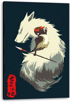 Princess Mononoke canvas wall art print featuring San with a red mask and spear against the white fur of a giant wolf.