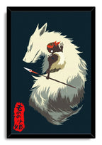 Princess Mononoke framed wall art print of San holding a spear beside a white wolf, with red Japanese lettering on navy.