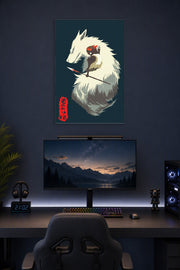 Princess Mononoke in a gaming desk setup above a monitor.