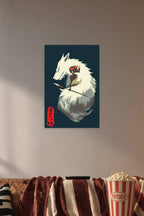 Princess Mononoke in a cozy movie room above a brown sofa with popcorn.
