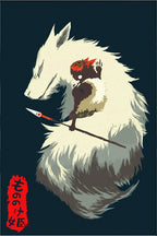 Princess Mononoke wall art print of San holding a spear while seated before a large white wolf on a deep navy background.