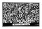 Rock-n-Roll Theatre wall art print with a monochrome collage of rock performers and instruments, displayed with a thin white edge.