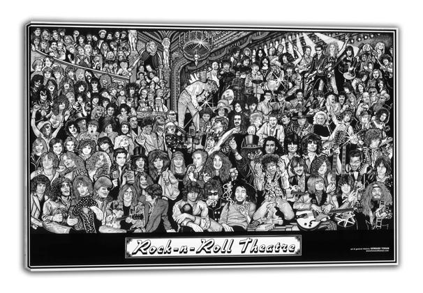 Rock-n-Roll Theatre wall art print with a monochrome collage of rock performers and instruments, displayed with a thin white edge.