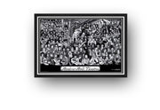 Rock-n-Roll Theatre framed wall art print featuring a black-and-white illustrated gathering of rock musicians, guitars, and theater decor.