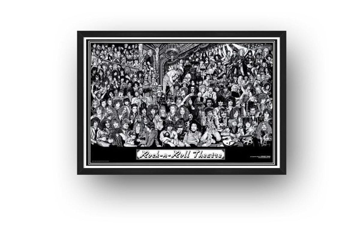 Rock-n-Roll Theatre framed wall art print featuring a black-and-white illustrated gathering of rock musicians, guitars, and theater decor.