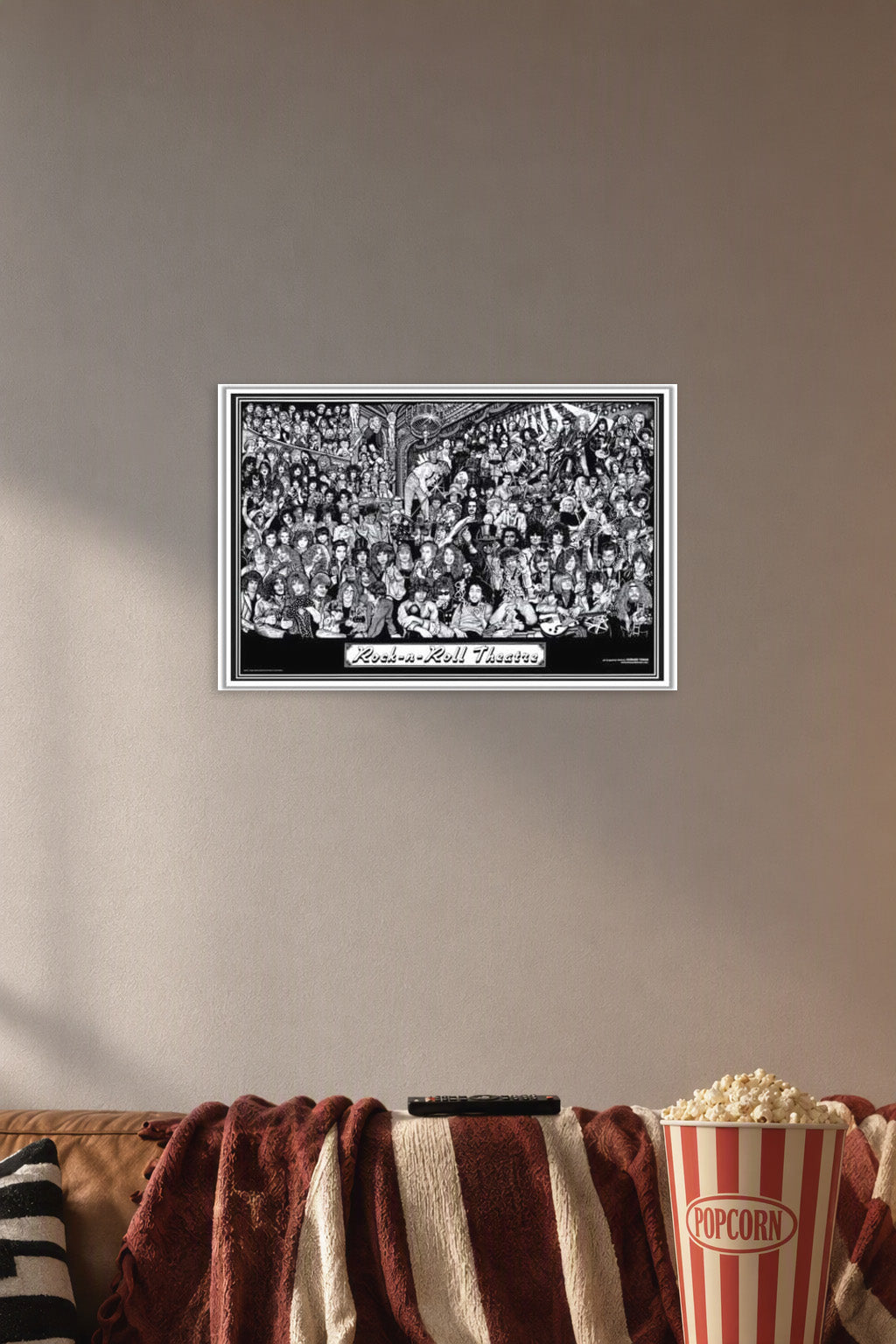 Print Rock Metal Alt Punk Music Bands in a cozy movie room above a brown sofa with popcorn.