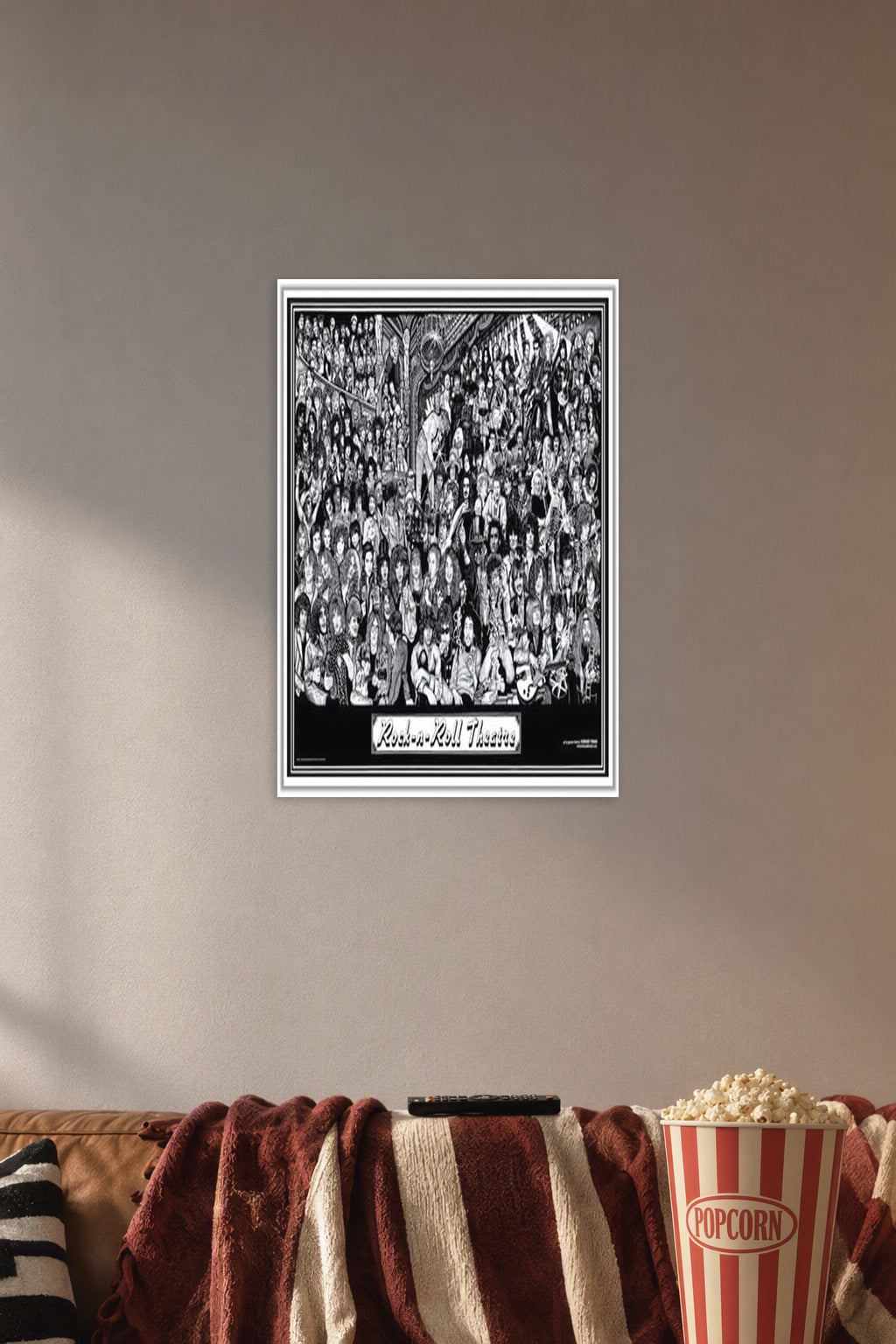 Print Rock Metal Alt Punk Music Bands in a cozy movie room above a brown sofa with popcorn.