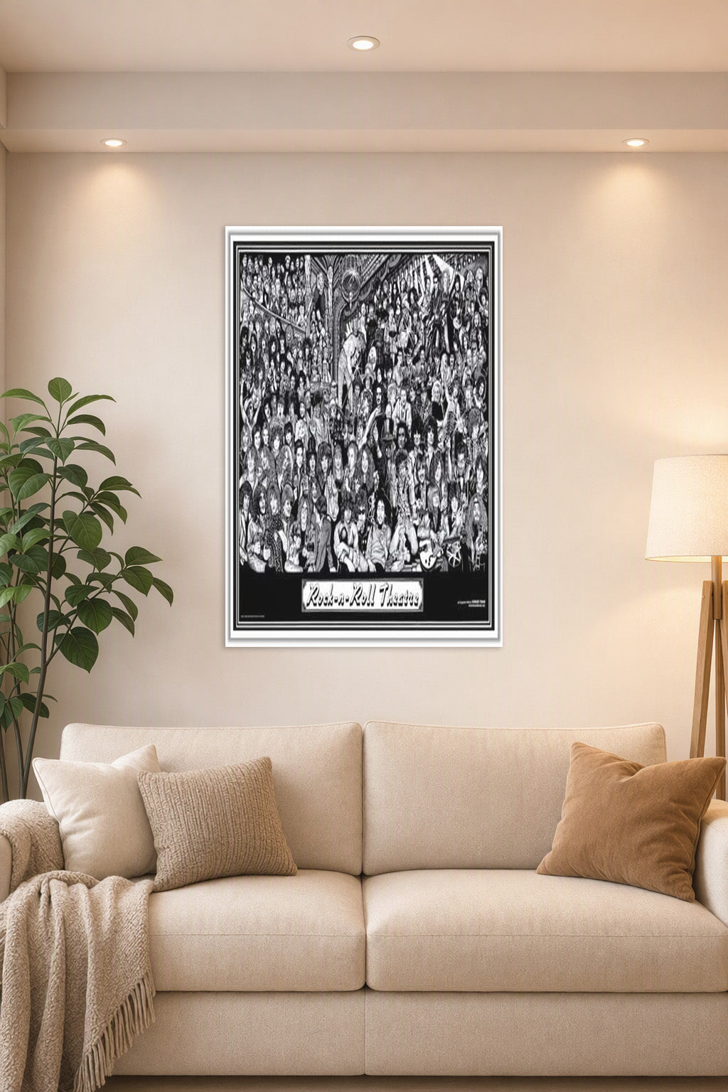 Print Rock Metal Alt Punk Music Bands in a bright living room above a beige sofa.