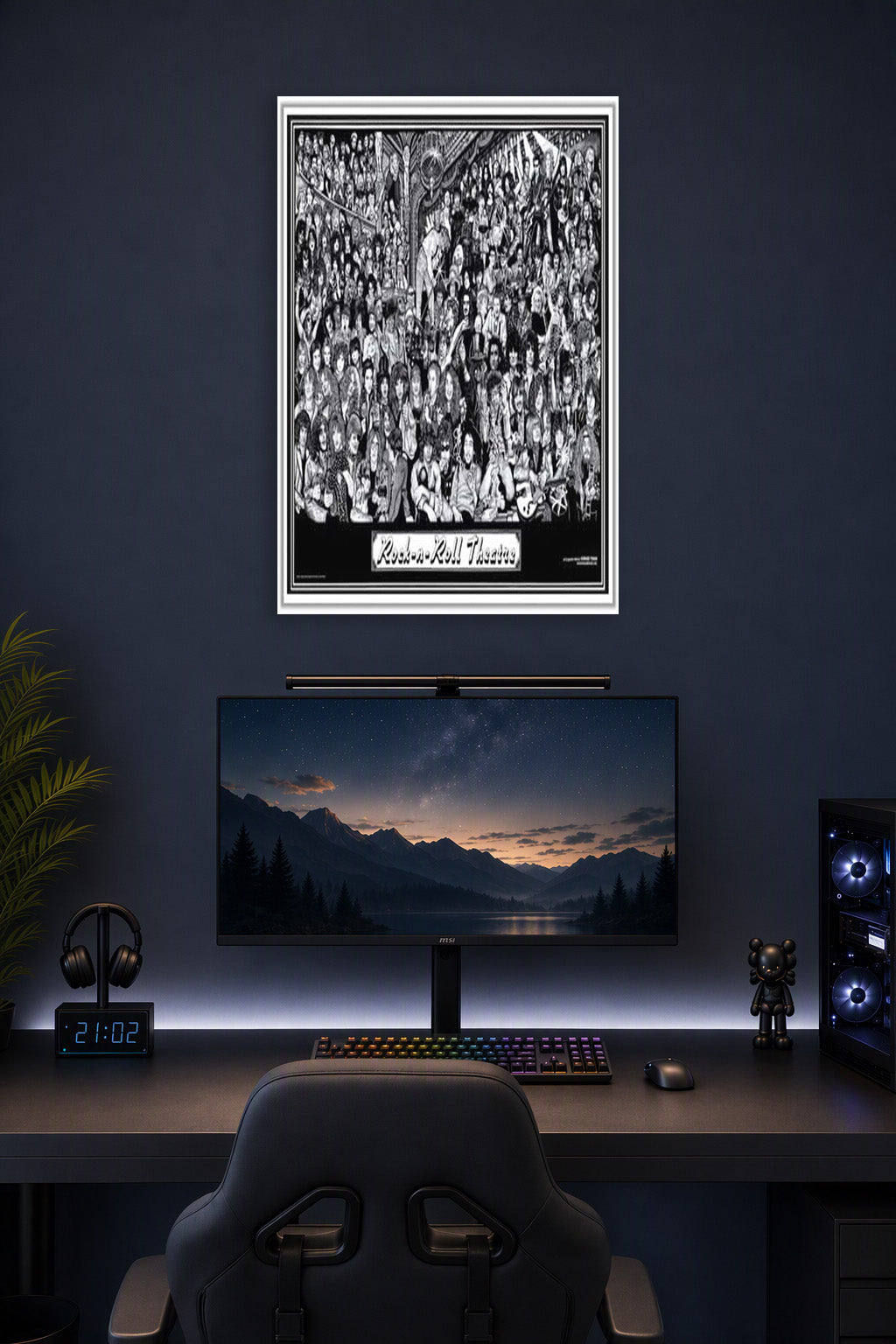 Print Rock Metal Alt Punk Music Bands in a gaming desk setup above a monitor.