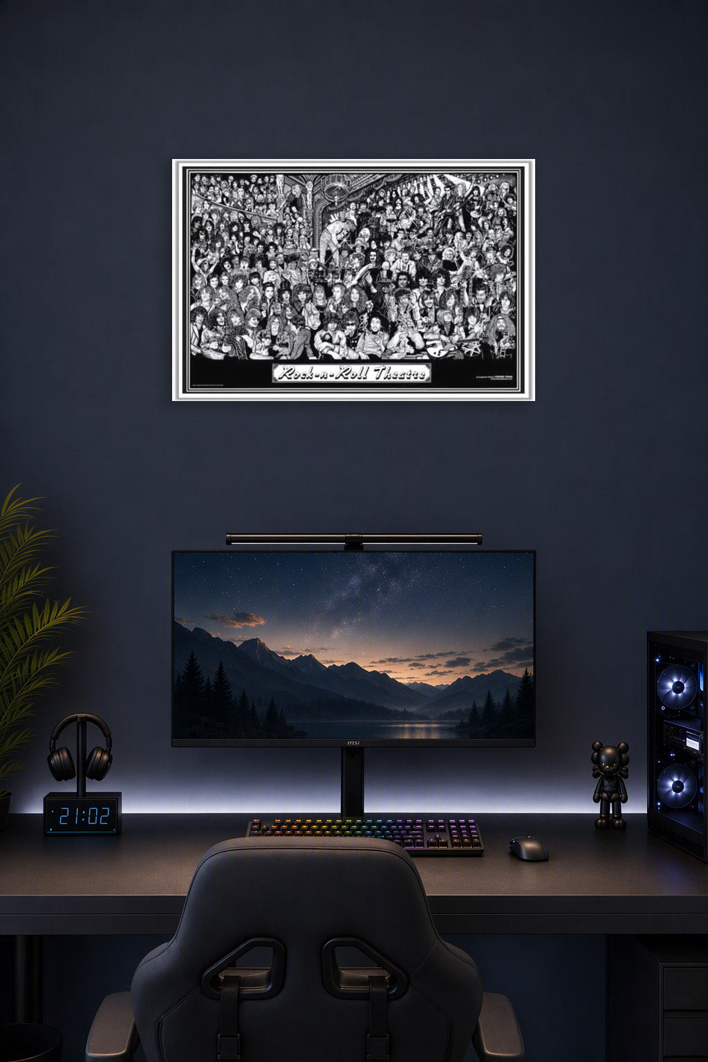 Print Rock Metal Alt Punk Music Bands in a gaming desk setup above a monitor.