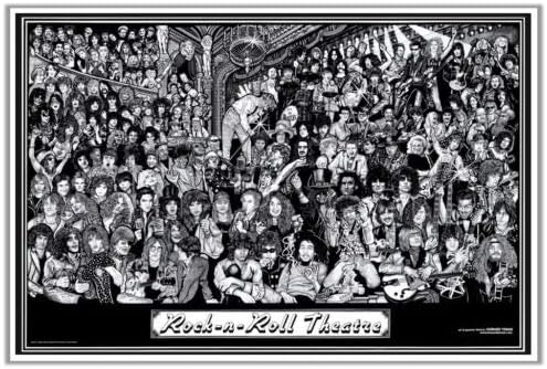 Rock-n-Roll Theatre poster featuring a dense black-and-white illustrated crowd of musicians, portraits, and guitars within striped borders.