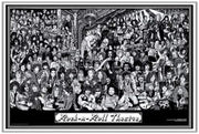Rock-n-Roll Theatre poster featuring a dense black-and-white illustrated crowd of musicians, portraits, and guitars within striped borders.