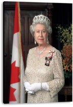 Queen Elizabeth II canvas wall art print with a tiara, formal medals, white gloves, and a Canadian flag.