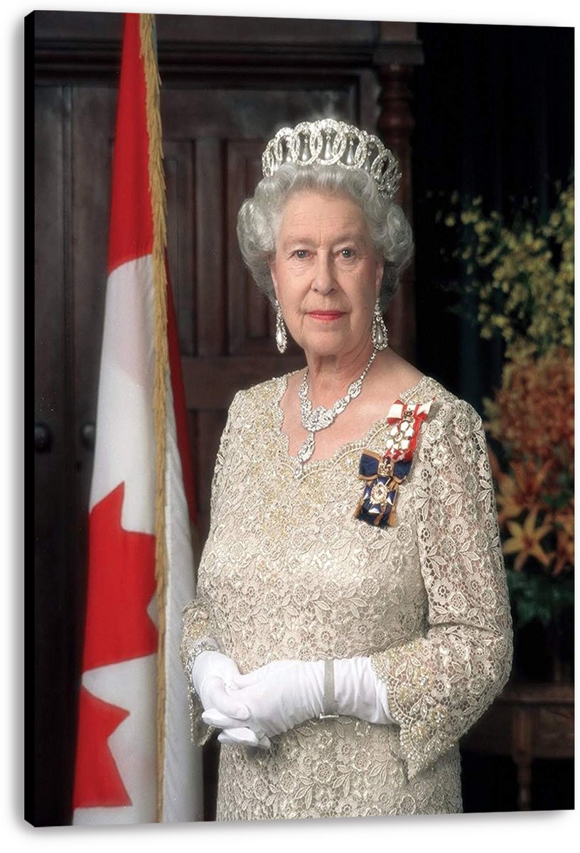 Queen Elizabeth II canvas wall art print with a tiara, formal medals, white gloves, and a Canadian flag.
