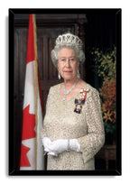 Queen Elizabeth II framed wall art print portrays her in a cream gown and tiara beside the red and white Canadian flag.