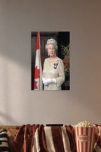 Queen Elizabeth II in a cozy movie room above a brown sofa with popcorn.
