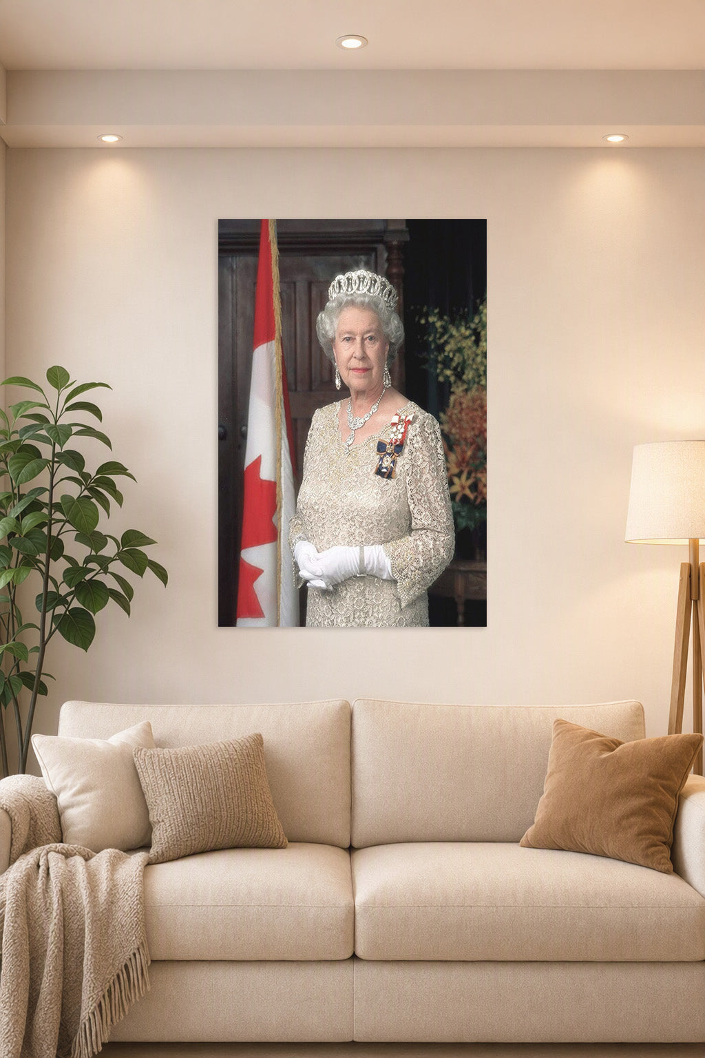 Queen Elizabeth II in a bright living room above a beige sofa.