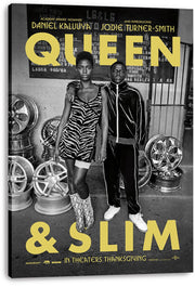 Queen & Slim wall art print on a thick canvas, featuring the two leads in a tire shop beneath bold yellow title text.