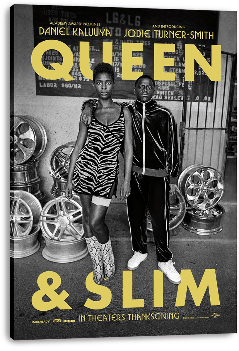 Queen & Slim wall art print on a thick canvas, featuring the two leads in a tire shop beneath bold yellow title text.
