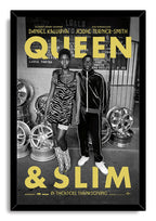 Queen & Slim framed wall art print with a black border, depicting the two leads among wheel rims and yellow typography.
