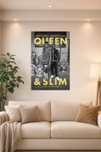 Queen & Slim in a bright living room above a beige sofa.