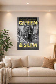 Queen & Slim in a bright living room above a beige sofa.