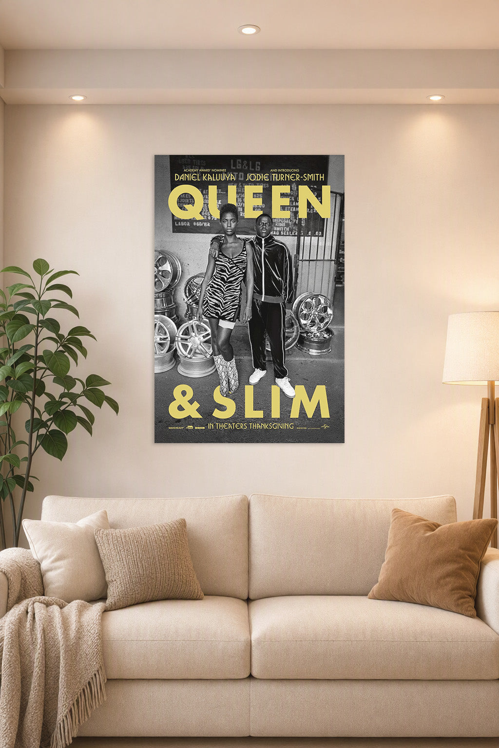 Queen & Slim in a bright living room above a beige sofa.