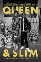 Queen & Slim poster with Daniel Kaluuya and Jodie Turner-Smith beside stacked wheel rims, in black and white with yellow lettering.