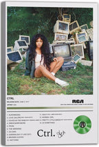 CTRL canvas wall art print featuring SZA on grass among old CRT monitors, with album details, track list, and green vinyl graphic.