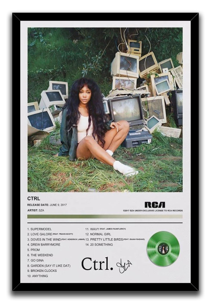 CTRL framed wall art print with SZA seated before a pile of vintage computers, bordered by a black frame and album track list.