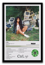 CTRL framed wall art print with SZA seated before a pile of vintage computers, bordered by a black frame and album track list.