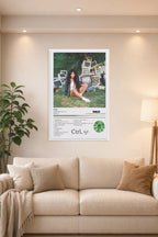 RCA Crtl Album Wall Art Poster in a bright living room above a beige sofa.