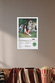 RCA Crtl Album Wall Art Poster in a cozy movie room above a brown sofa with popcorn.