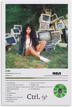CTRL paper poster featuring SZA seated on grass beside stacked vintage computer monitors, with track list and green record graphic.