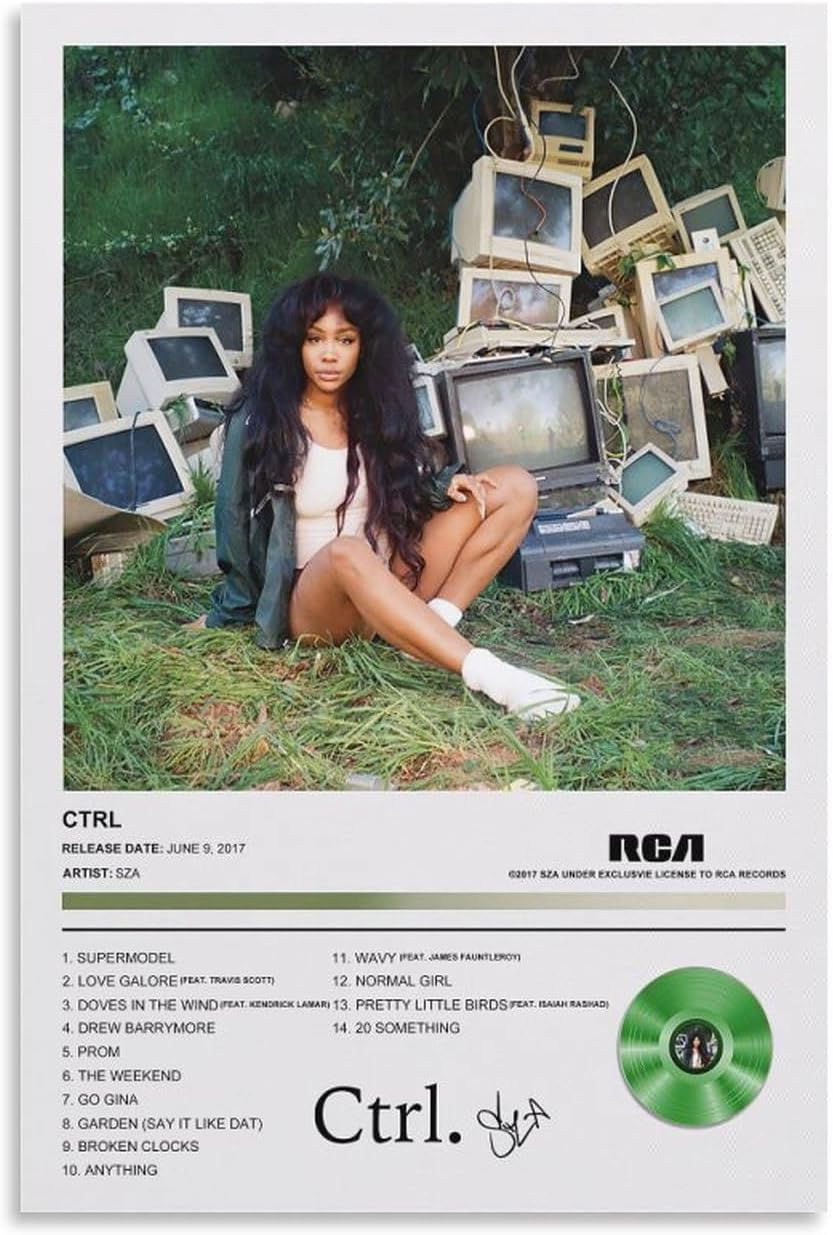 CTRL paper poster featuring SZA seated on grass beside stacked vintage computer monitors, with track list and green record graphic.