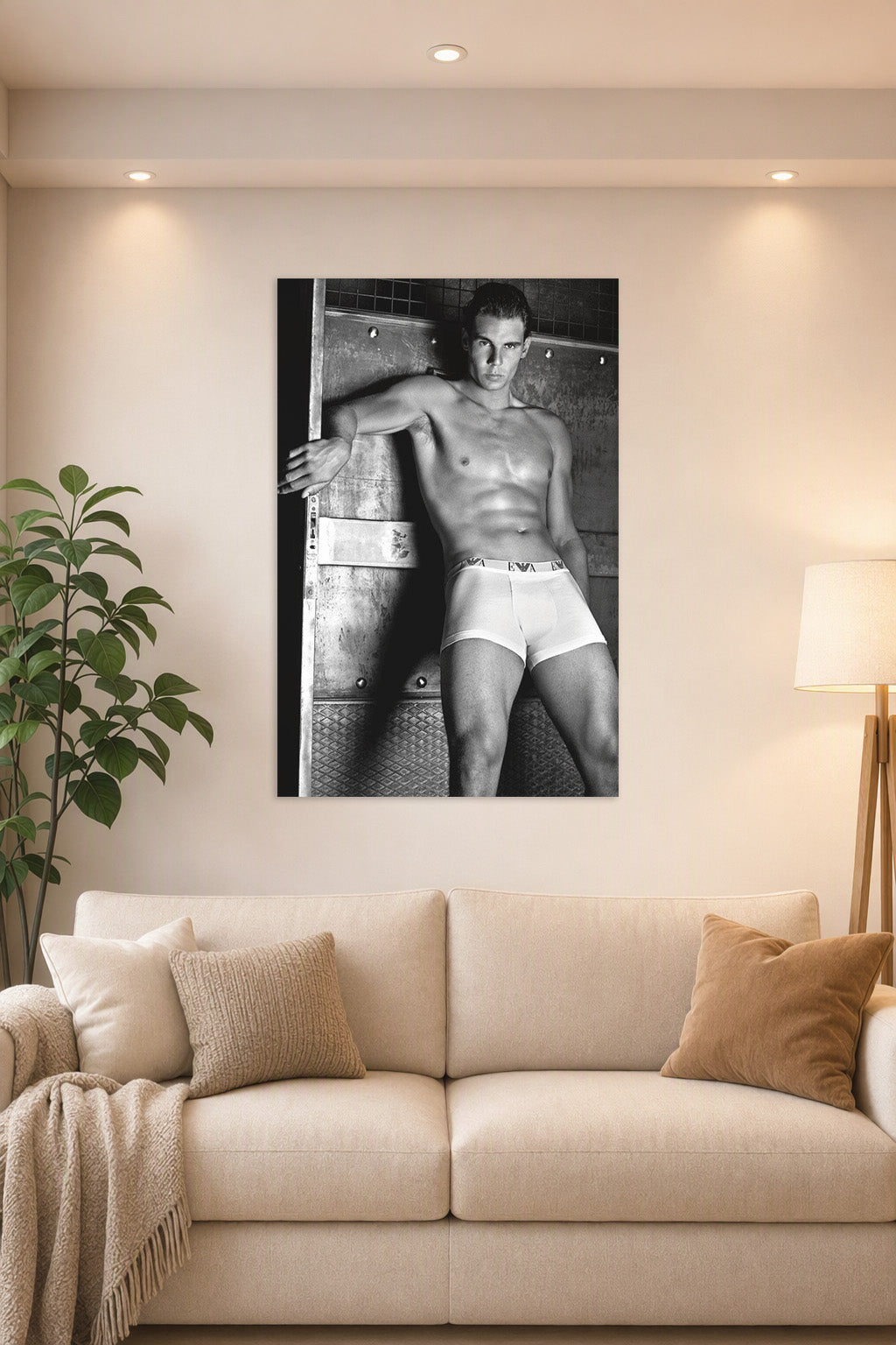 Rafael Nadal in a bright living room above a beige sofa.