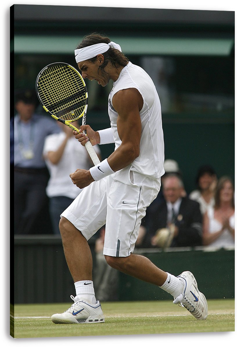Rafael Nadal canvas wall art print presents his celebratory leap with clenched fist and yellow racket against a blurred crowd.