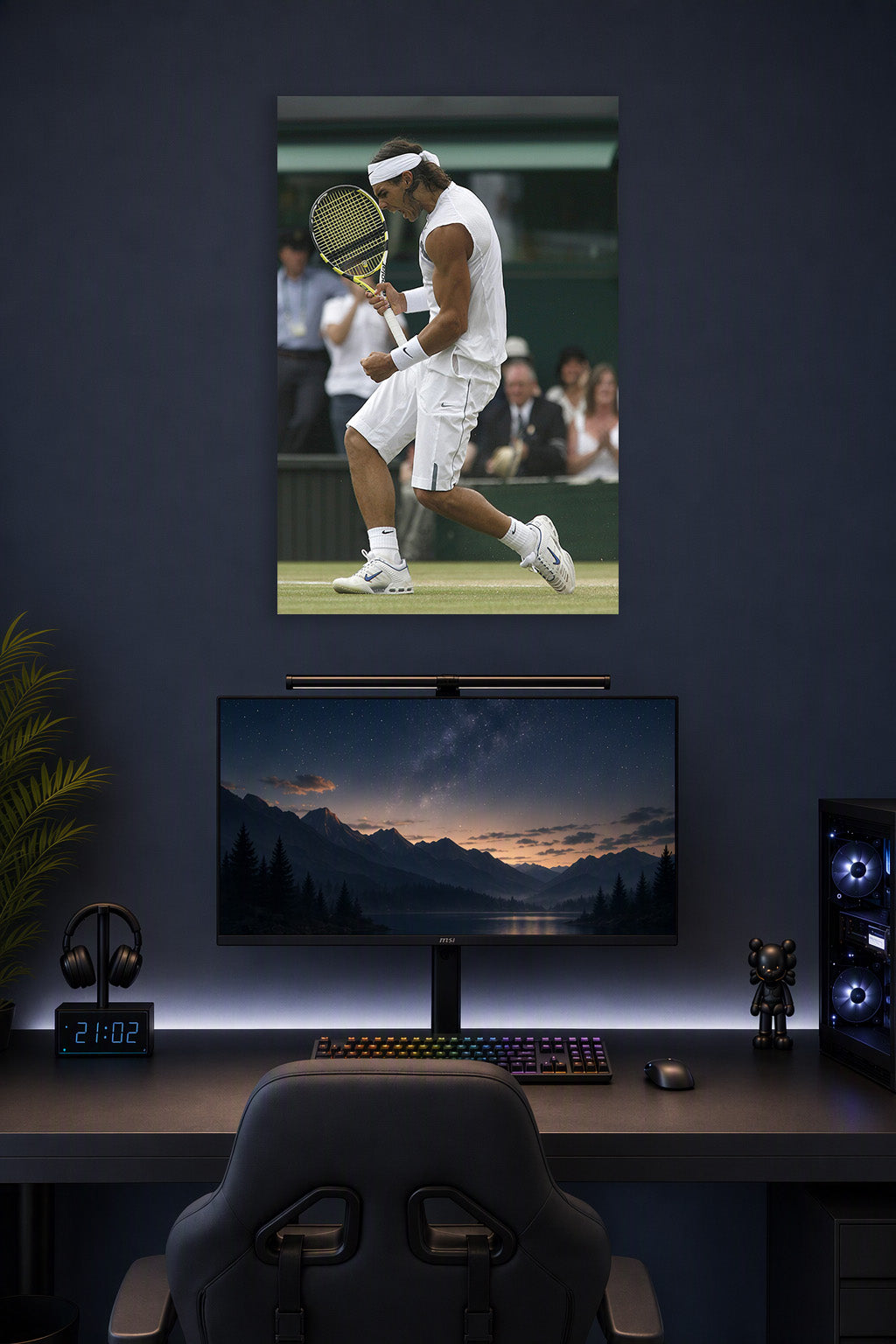 Rafael Nadal Tennis Player in a gaming desk setup above a monitor.