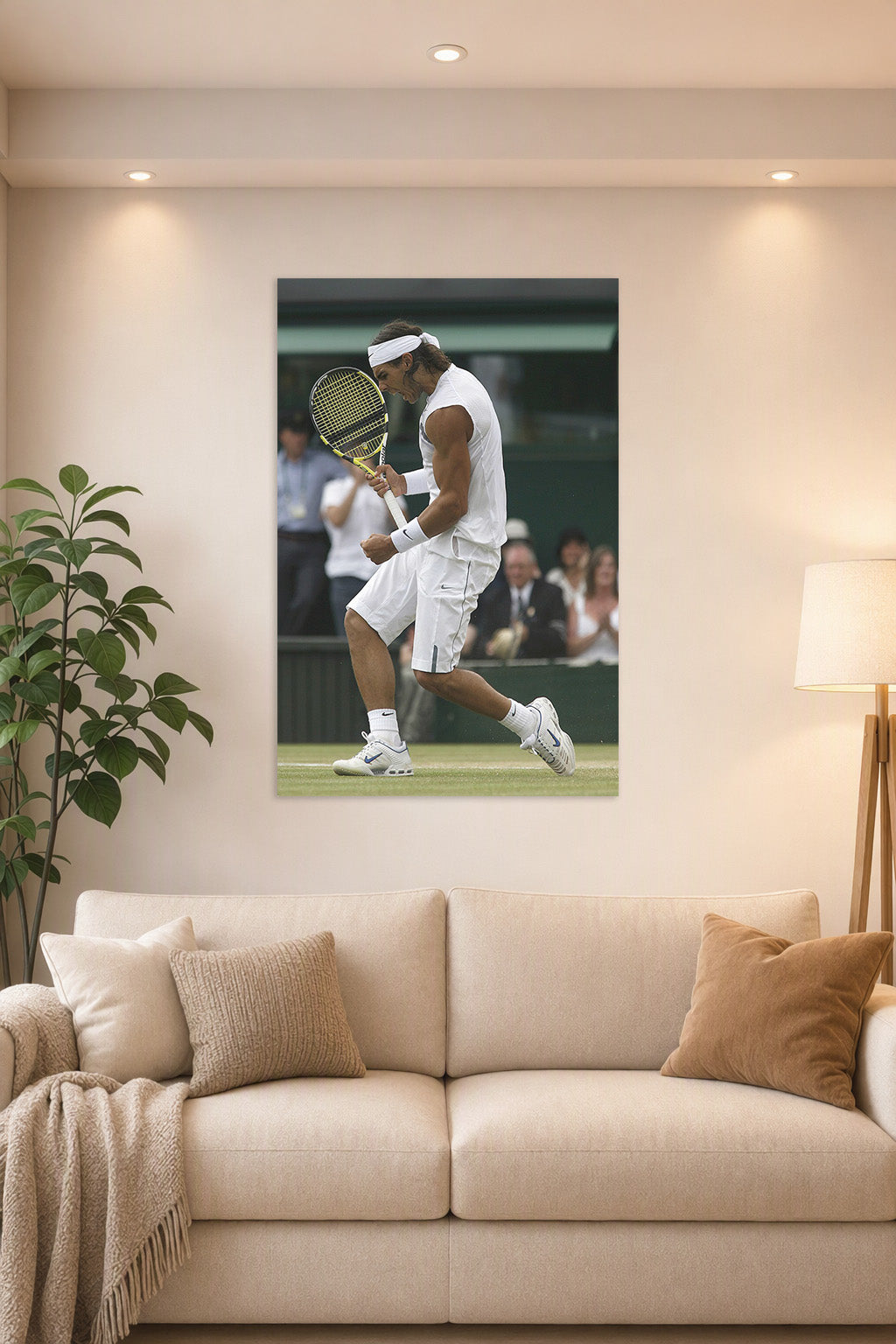 Rafael Nadal Tennis Player in a bright living room above a beige sofa.